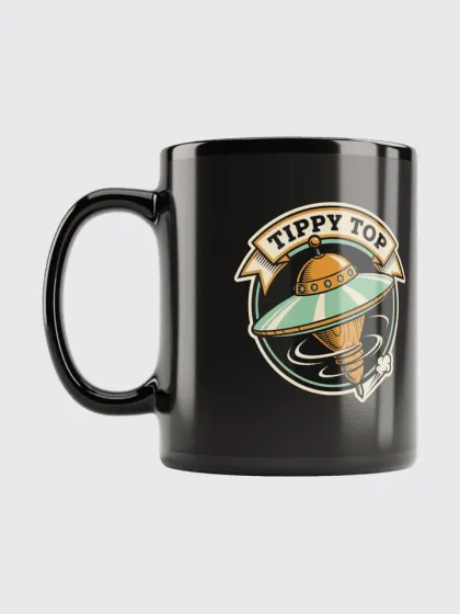 Tippy Top mug — black glossy ceramic with the TIPPY TOP badge