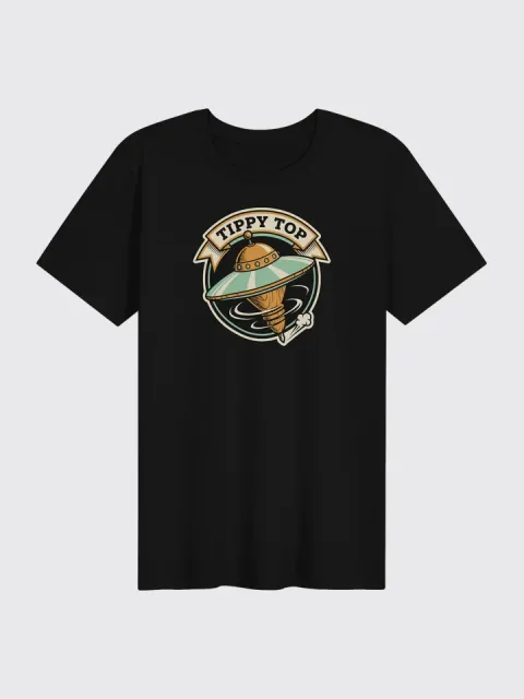 Tippy Top Supersoft Tee — black shirt with the TIPPY TOP flying-saucer badge on the chest